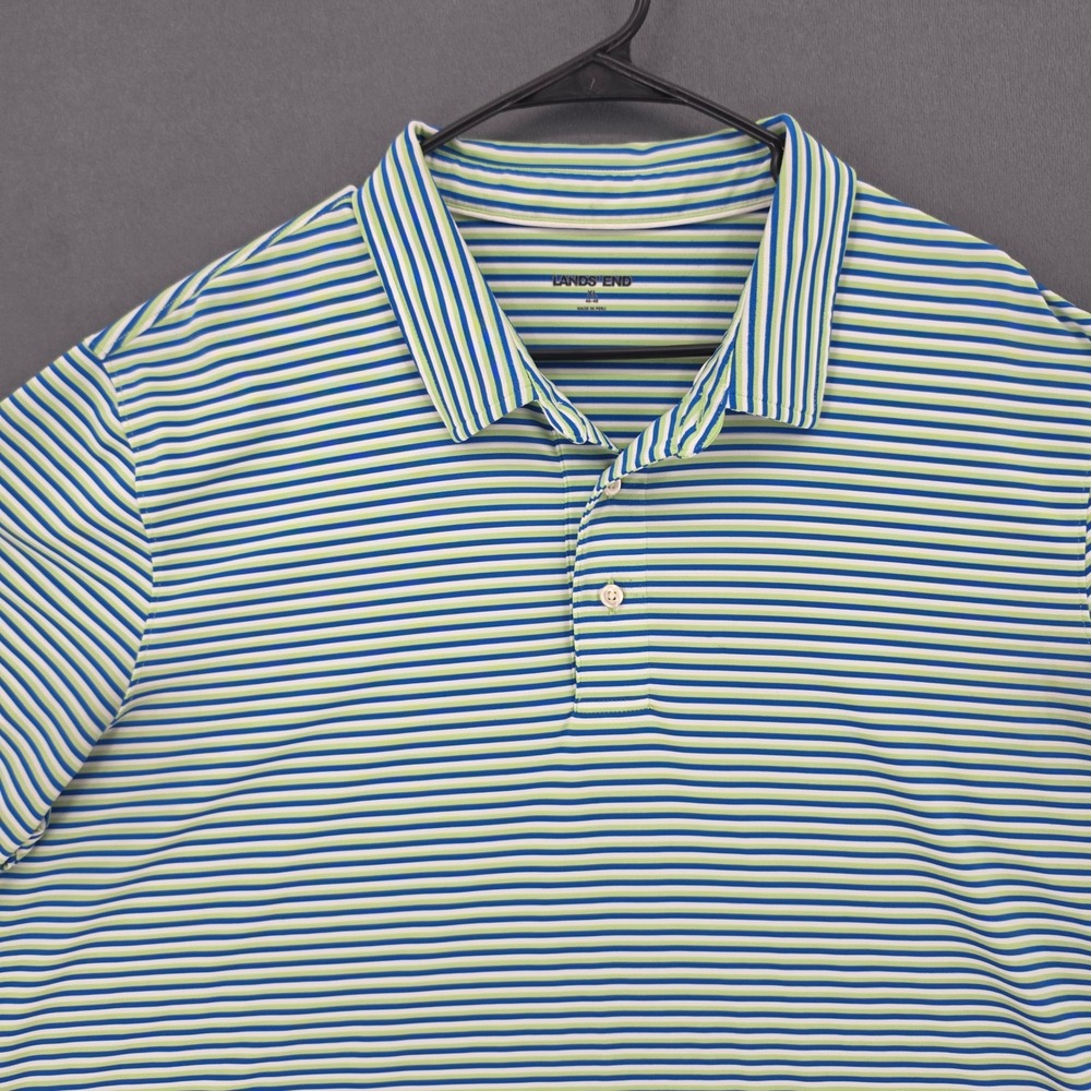 Lands End Mens XL Blue Green Striped Performance Golf Polo Shirt Short Sleeve